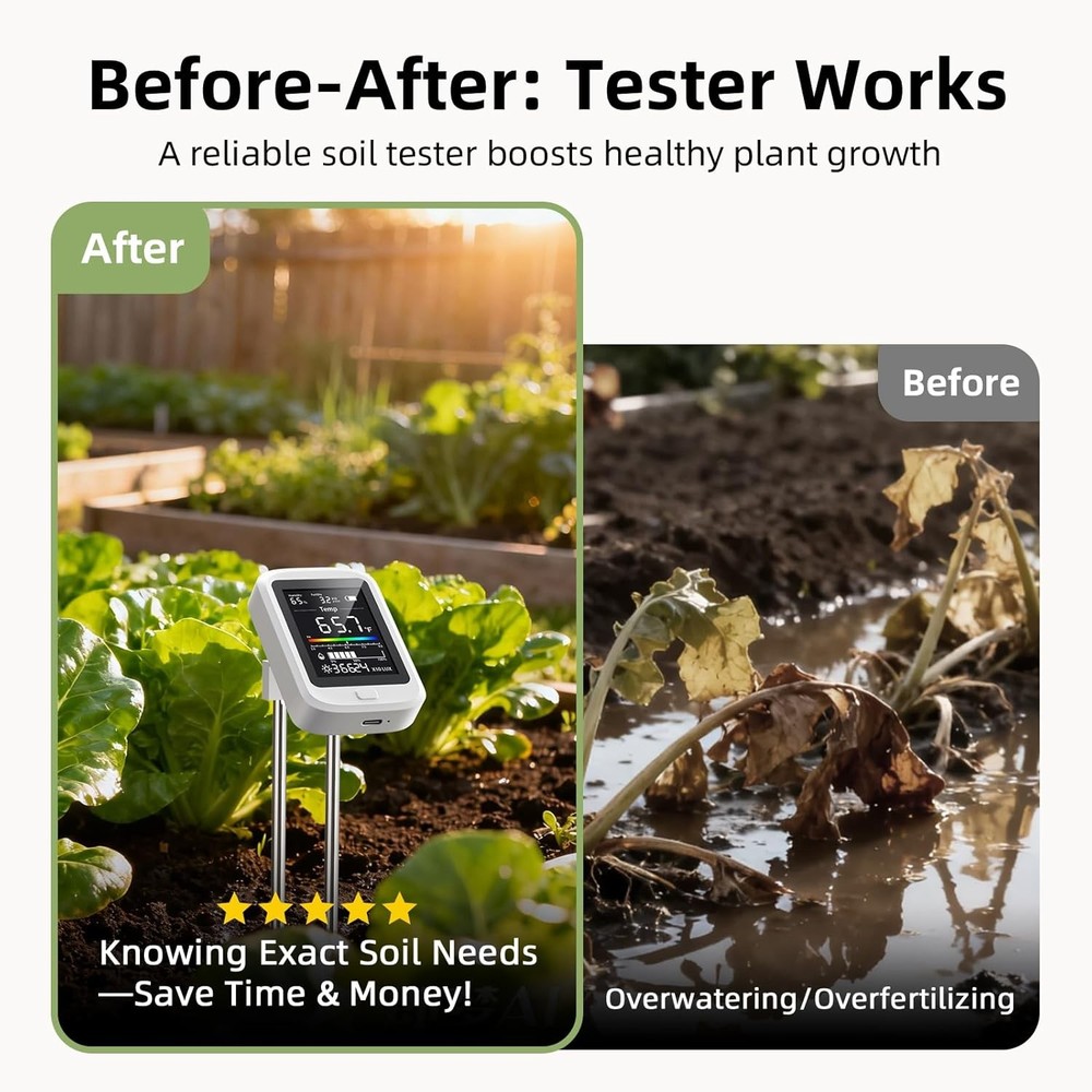 6-in-1 Digital Soil Moisture Meter with pH Nutrient Light Temperature Humidity