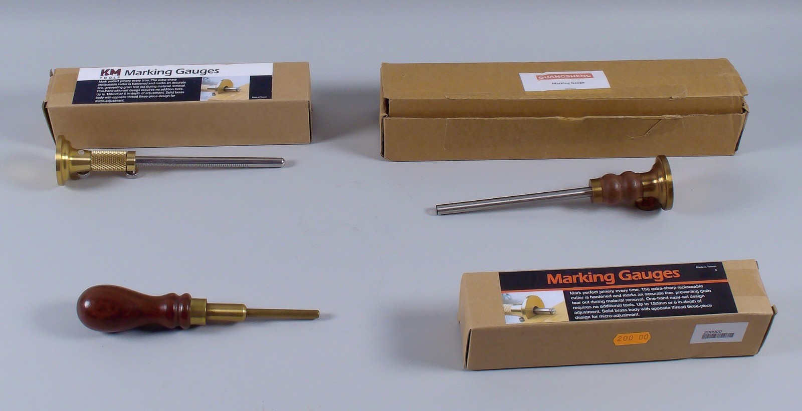 Lot of 4 Brass & Wood Marking Gauges Quang Sheng, KM Tools, Crown Tools