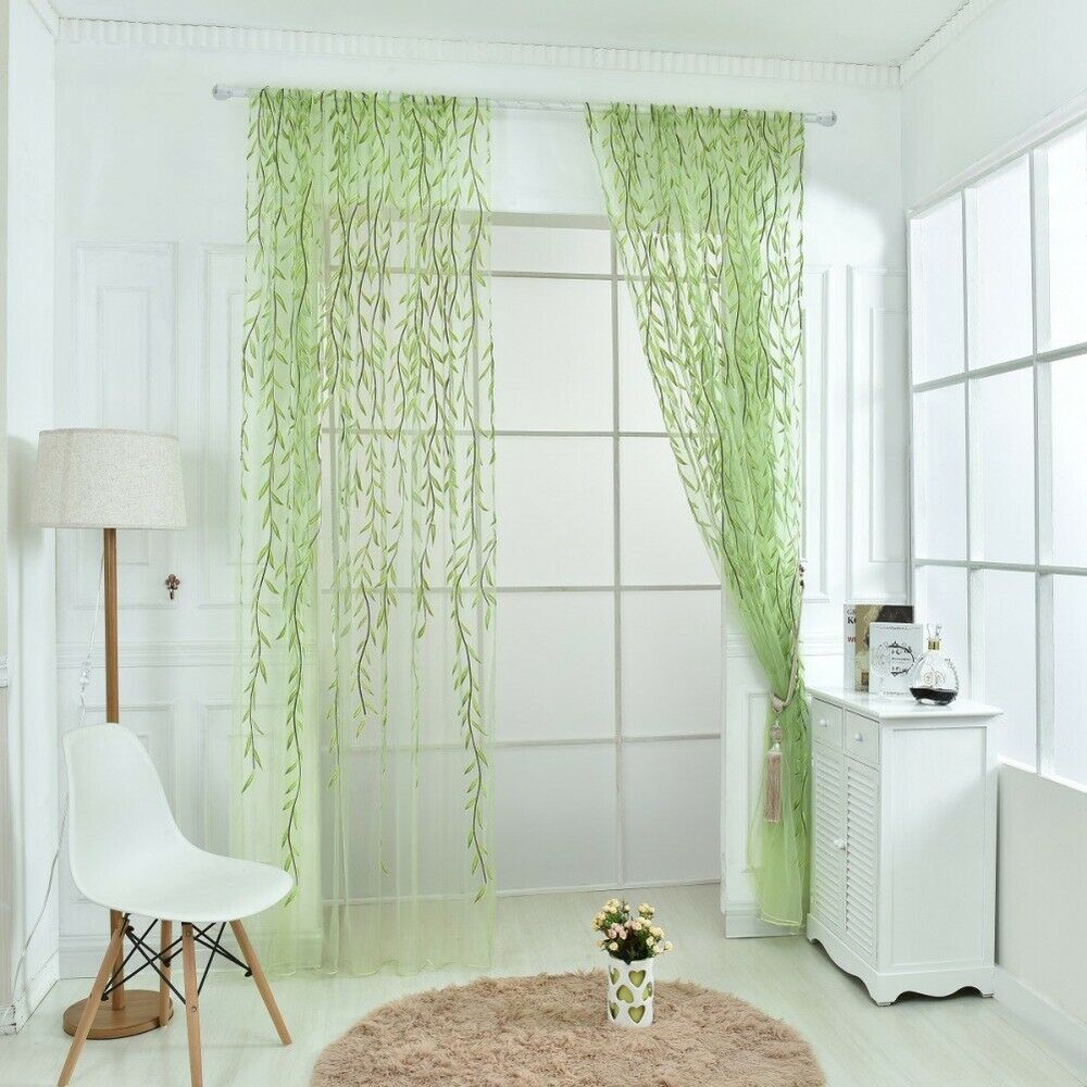 1/2Pcs Window Curtains Leaves Design Sheer Pattern Voile Panel Drapes CurtainsUS