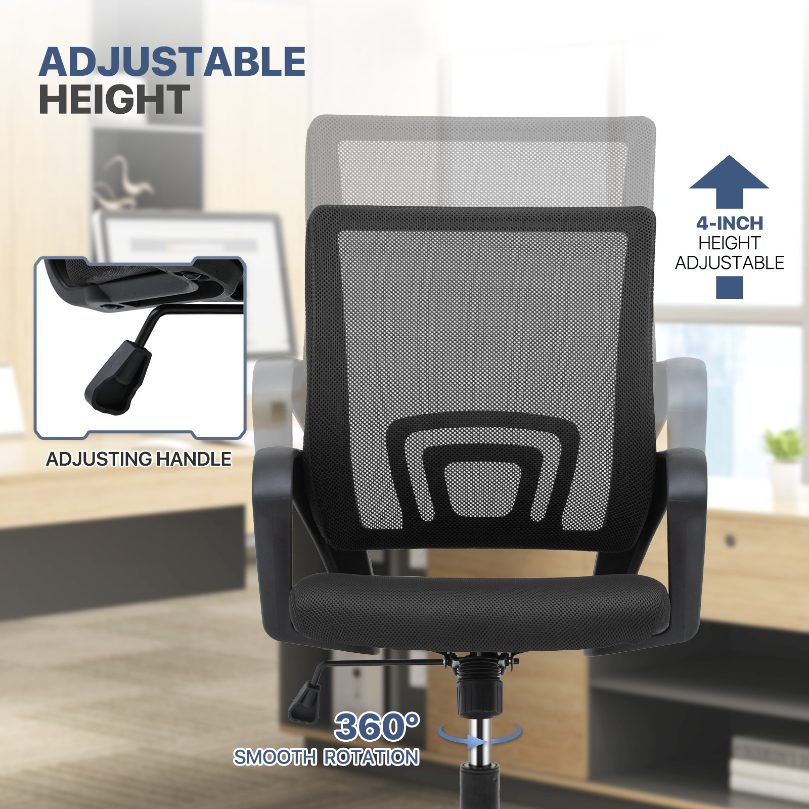 Adjustable Height Swivel Computer Home Office Ergonomic Desk Mesh Chair Black