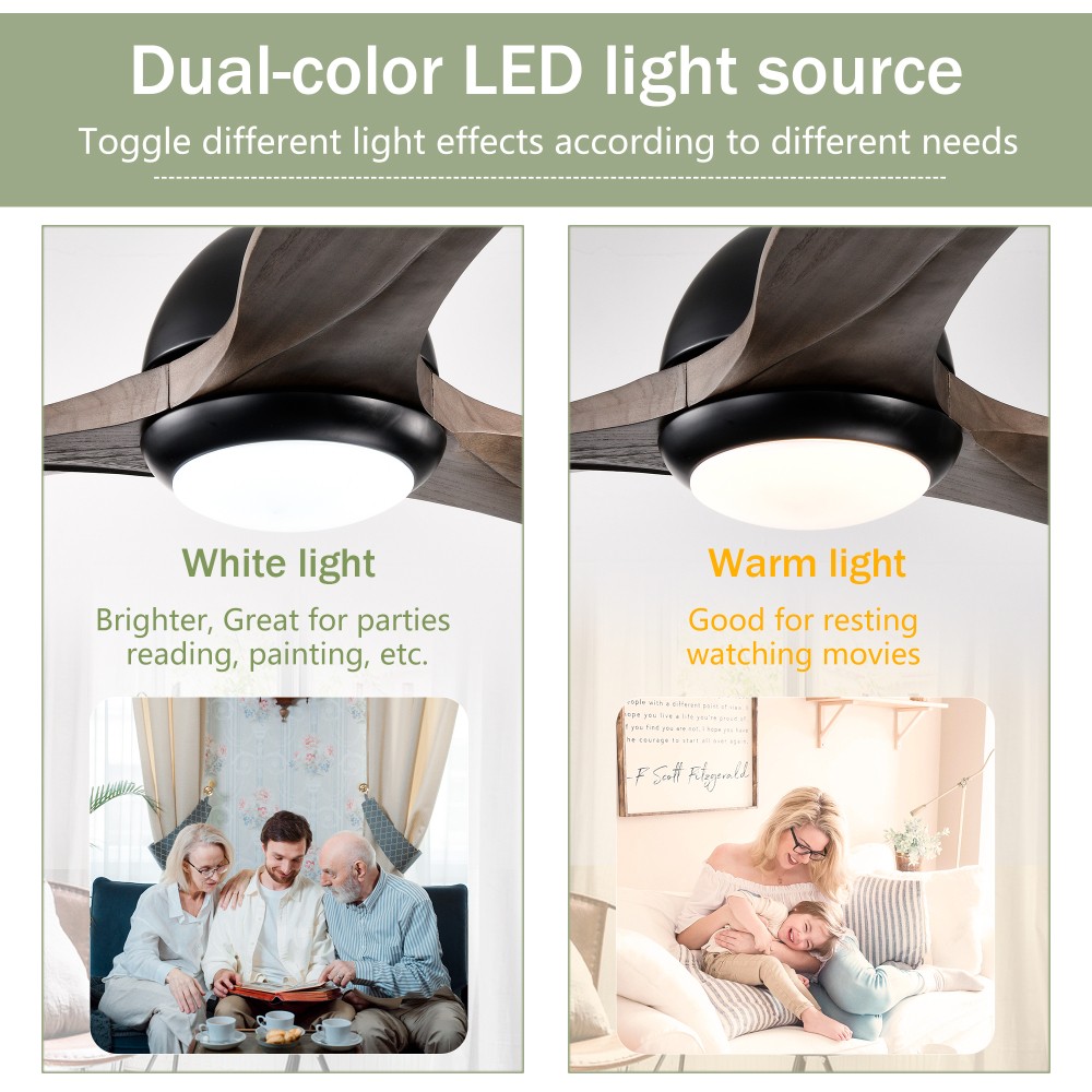 52"Solid Wood BladesCeilingFan Indoor Ceiling Fan With Light with Remote Control