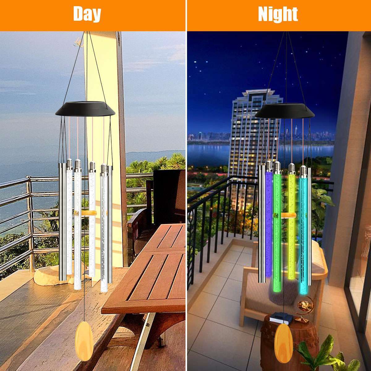 Color Changing Solar Wind Chimes LED Lights Large Deep Tone Resonant Bell Tubes