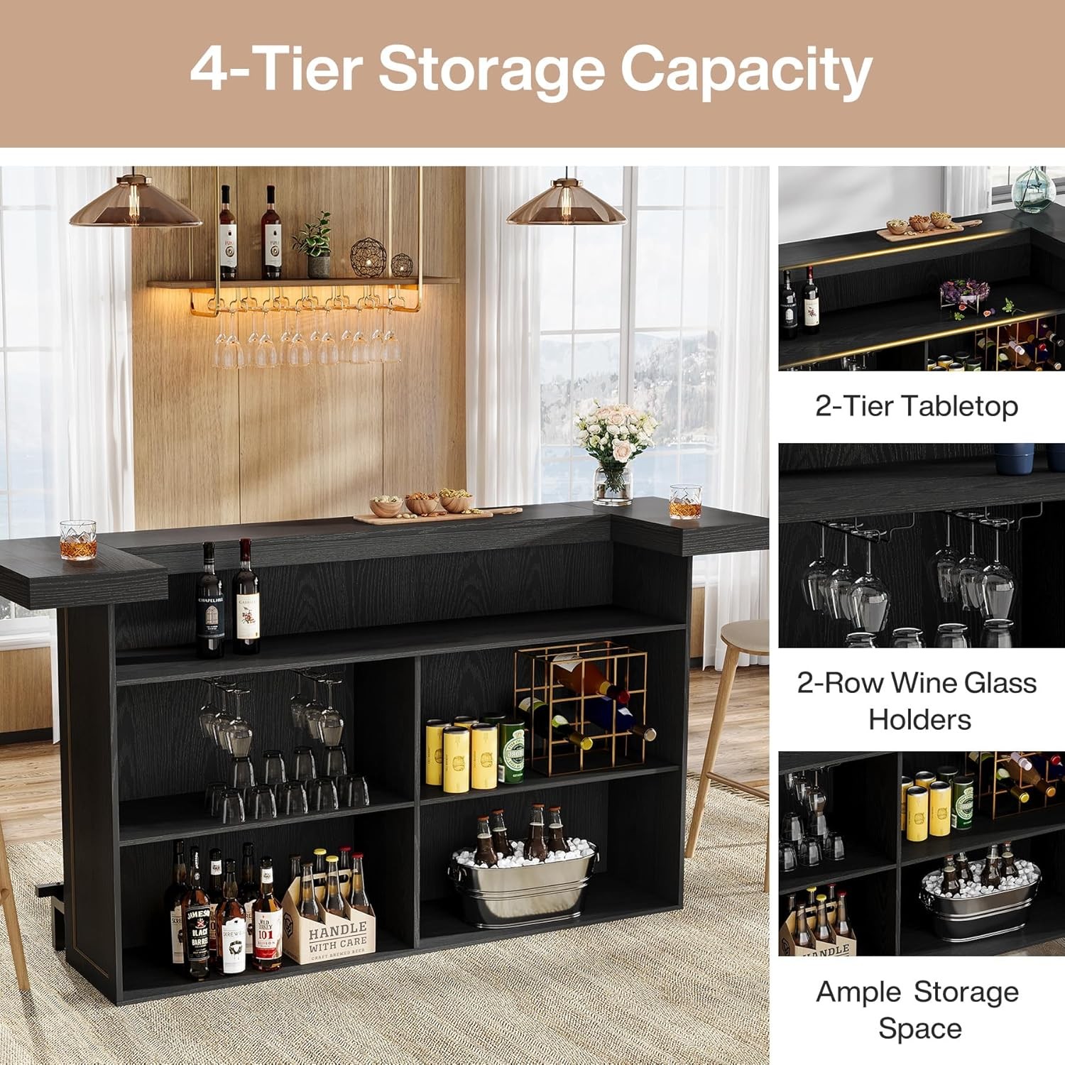 4-Tier Black Bar Table, 70.9-Inch Large Wooden Home Bar Unit with Storage Shelf