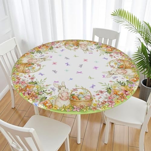 Easter Rabbit Round Fitted Tablecloth with Elastic 44" (Round) Easter Yellow
