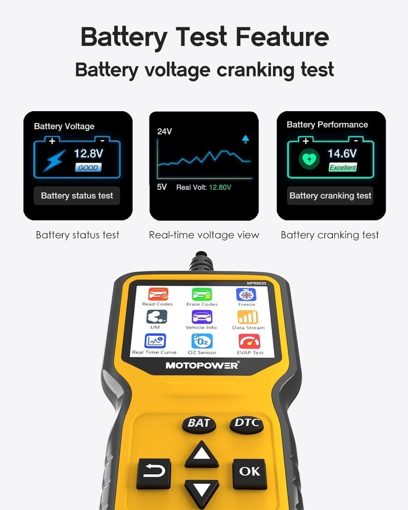 User-Friendly OBD Code Reader & Battery Tester - 1996+ Vehicle Compatibility