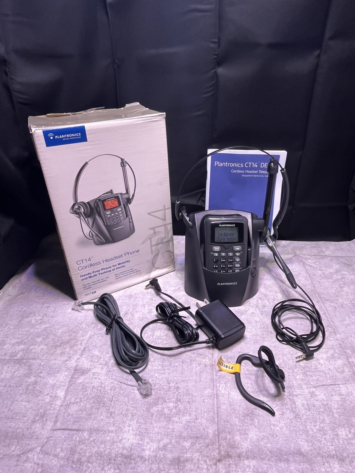Plantronics CT14 Cordless DECT Headset phone Black Tested Working With Box Cords