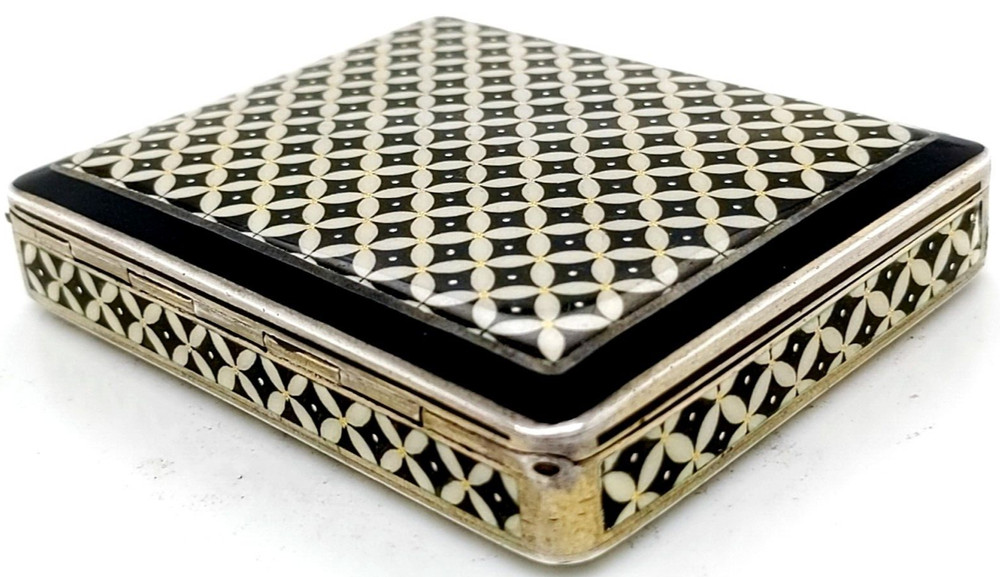 Unusual Silver Square Enamel Box with Geometric Pattern