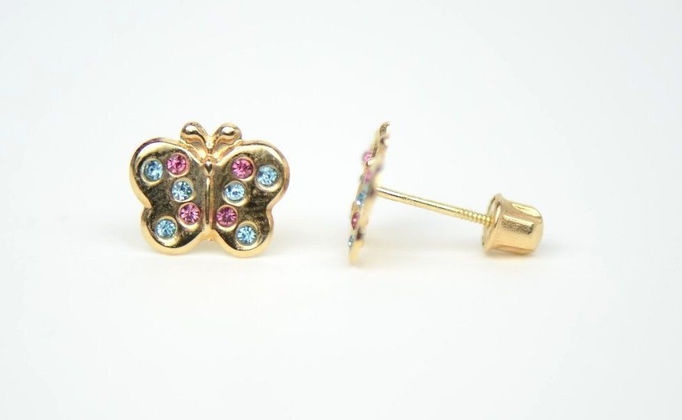 14K Solid Yellow Gold Butterfly Stud Earring with CZ