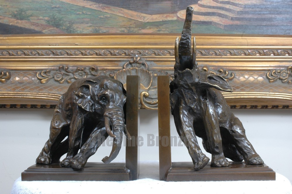Signed Bronze Statue two elephant book end bookend bronze sculpture