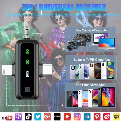 Wireless Lavalier Microphone for iPhone/Android/Camera/PC, Featuring a 3-in-1