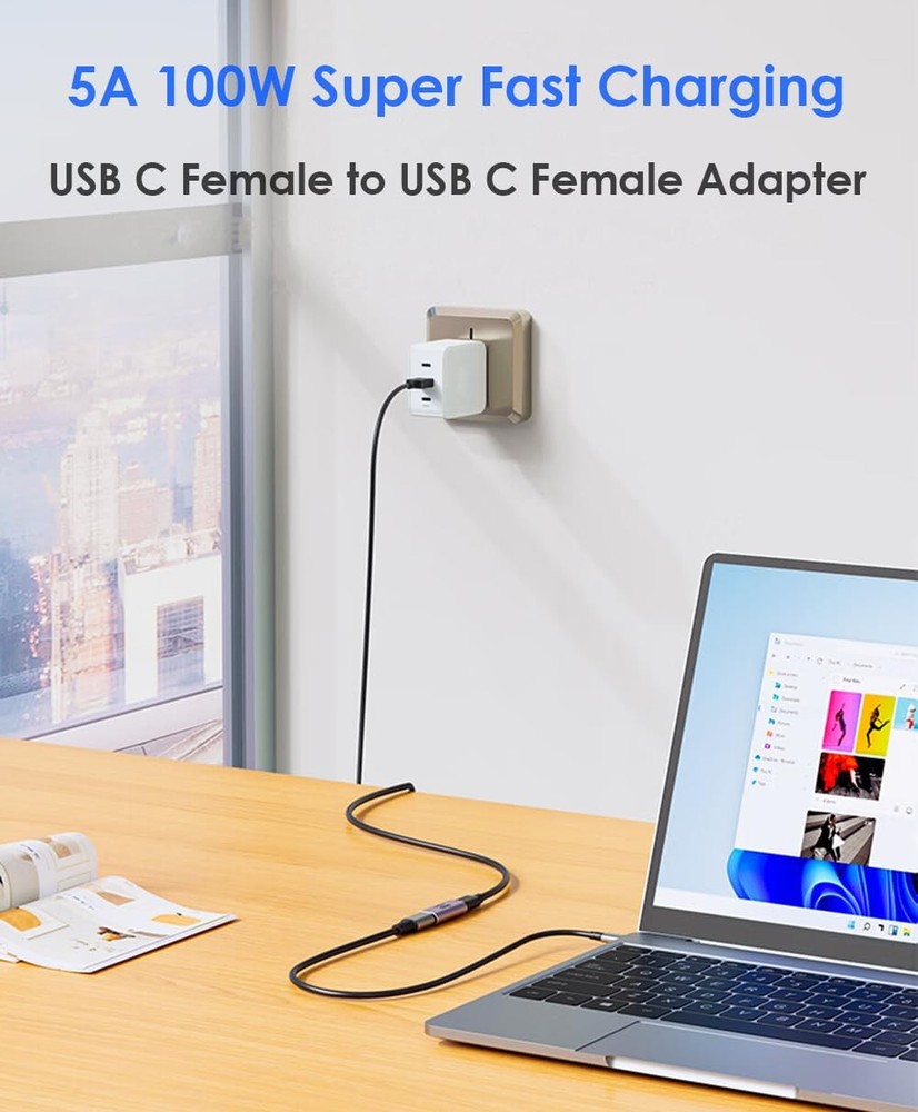 USB C Female to Adapter, C Coupler, Type C Cable Extender Gray