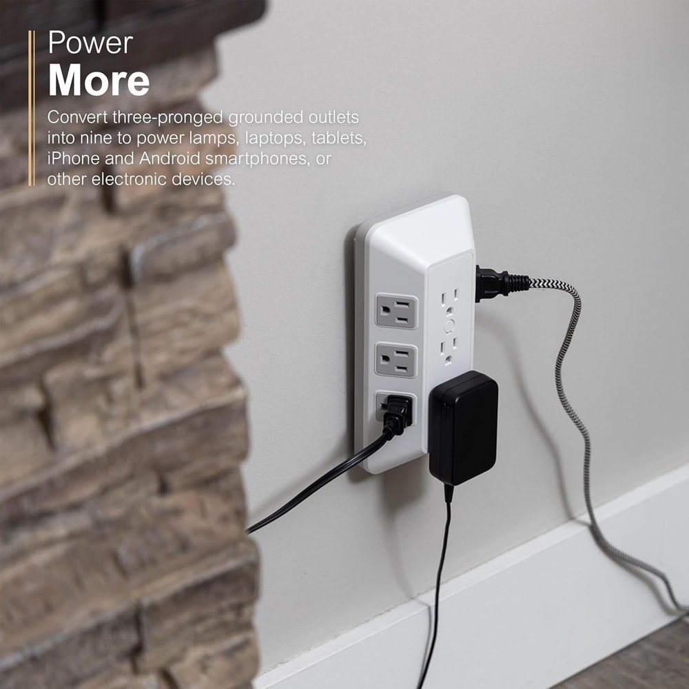 GE 9-Outlet Surge Protector, Multi Plug Outlet Extender, Wall Tap, Adapter Space