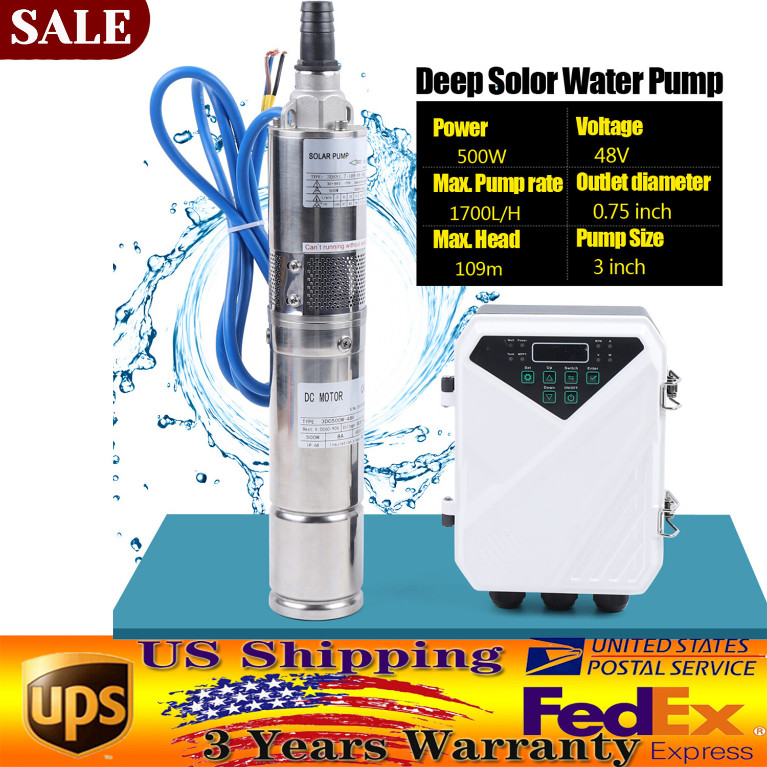 3" Solar Water Pump 48V 500W Submersible Bore Deep Well Pump MPPT Controller Kit