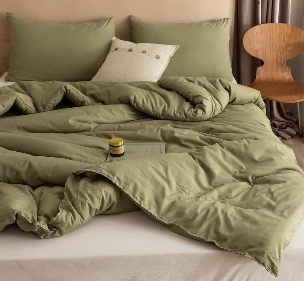 King Size Comforter Set Olive Green, 3pcs (1 Boho Comforter & 2 Pillowcases)