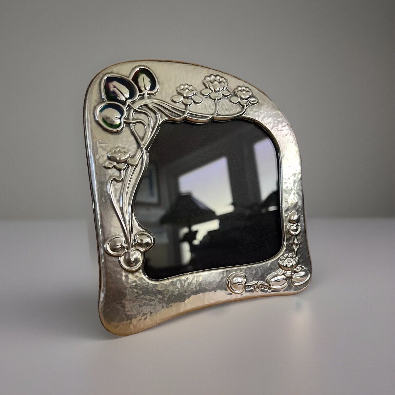 English Hammered Sterling & Enamel Art Nouveau Style Photo Frame