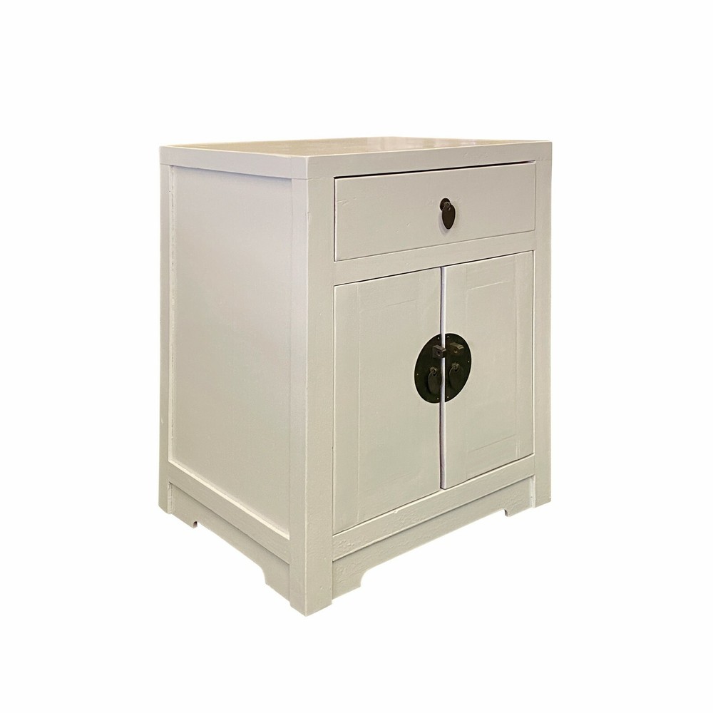 Distressed White Lacquer MoonFace End Table Nightstand Cabinet cs7039