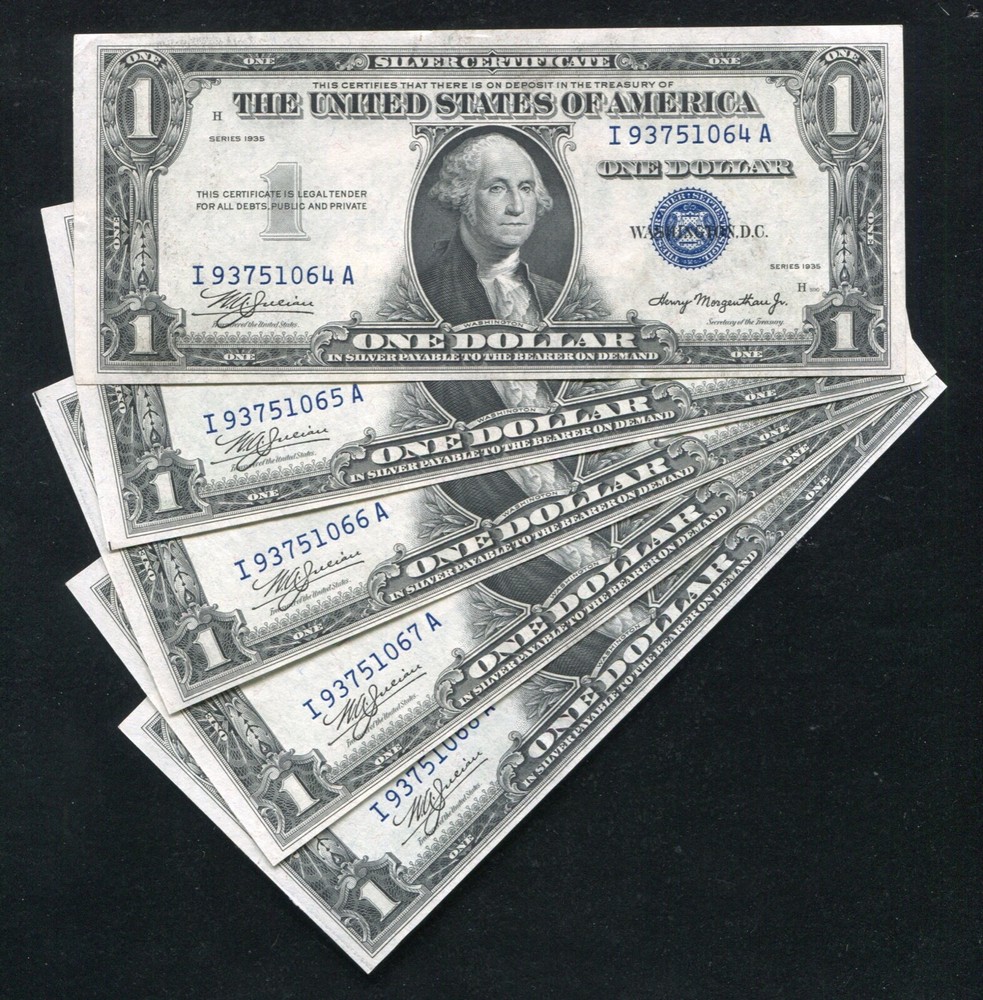 (5) CONSECUTIVE 1935 PLAIN $1 ONE DOLLAR SILVER CERTIFICATES “I-A BLOCK” UNC