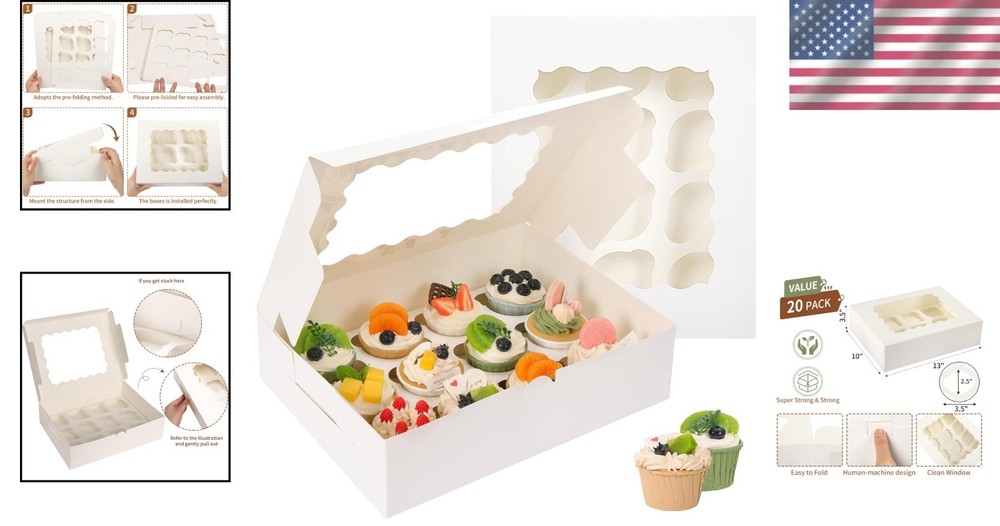 Sturdy 12-Cup Cupcake Boxes - 20 Count with Clear Windows for Perfect Display