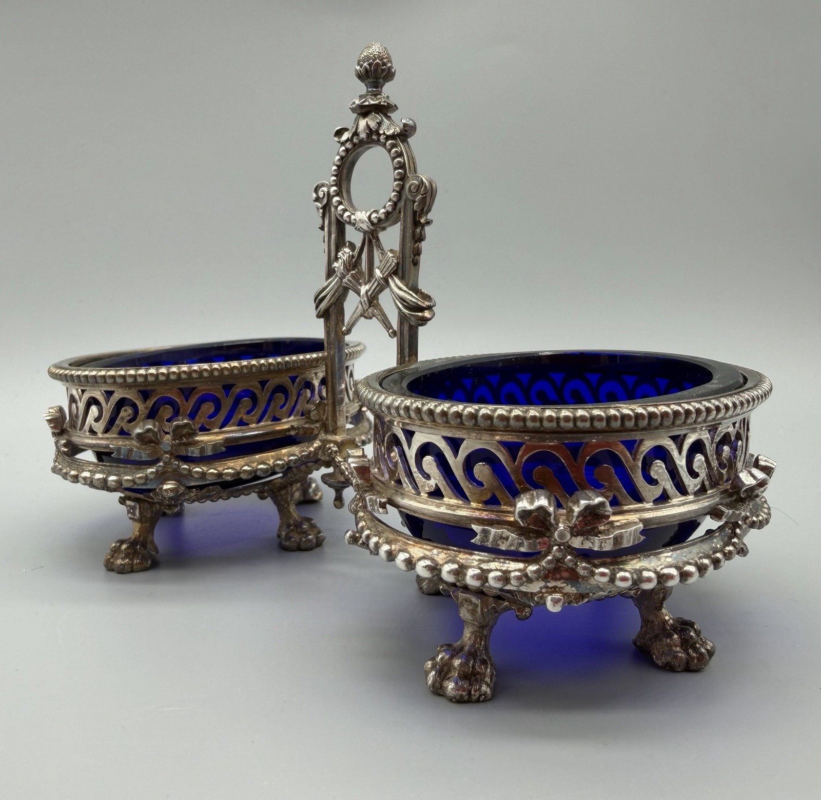 Belgian .900 Silver Double Salt Cellar with Cobalt Glass Liners, 334 grams