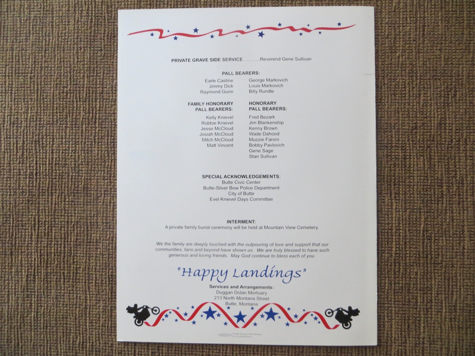 2007 EVEL KNIEVEL ORIGINAL FUNERAL PROGRAM IN BUTTE, MT-MADE BY THE KNIEVEL FAM