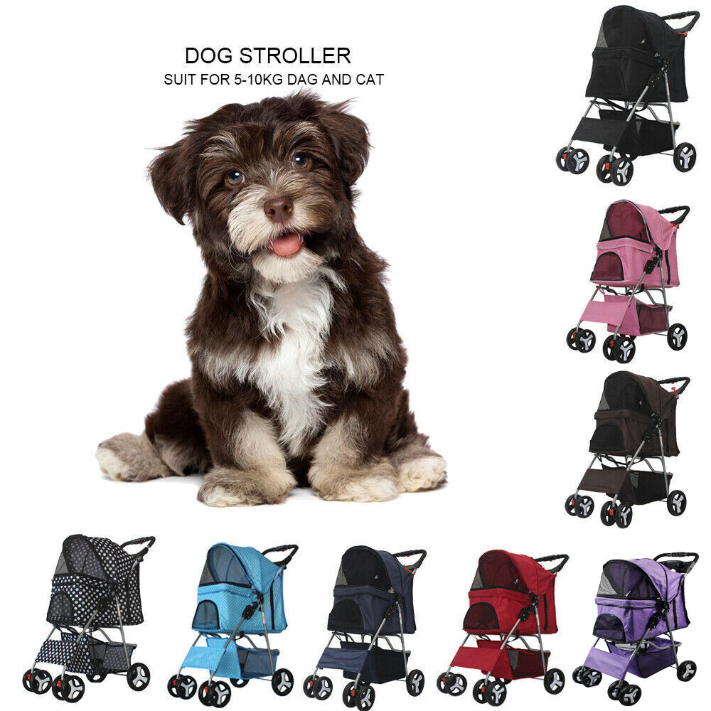3/4 Wheels Foldable Pet Strollers Cat Dog Cage Strollers w/ Cup Holder & Basket