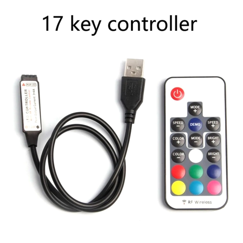 Wireless RGB LED Strip Remote Controller 17 Keys RF USB Powered, 5V-24V DC