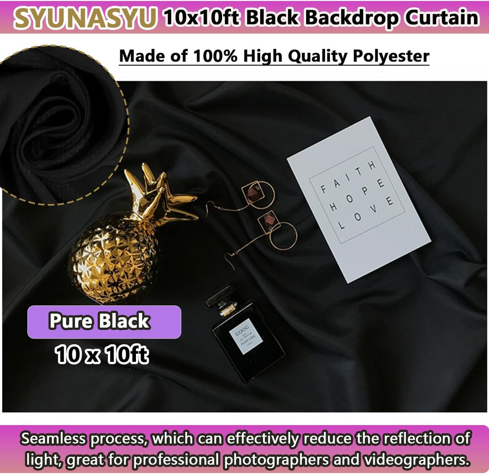 Black Backdrop 10 X 10 Ft, Solid Black Photo Backdrop, High Density Polyester...