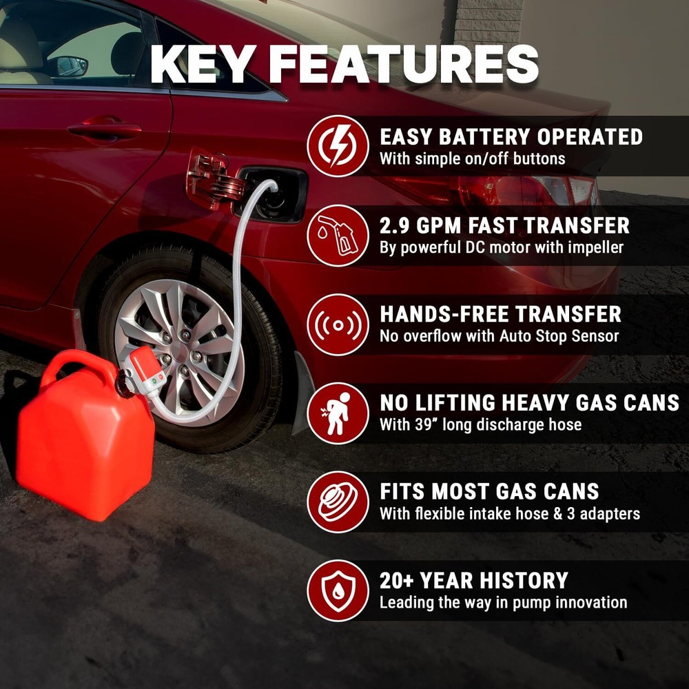 Automatic Fuel Transfer Pump with Auto-Stop,53'' Extra Long Hose Battery Powered