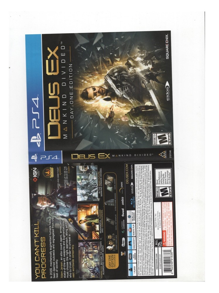 Dues Ex Mankind Divided PS4 ARTWORK ONLY Authentic Original