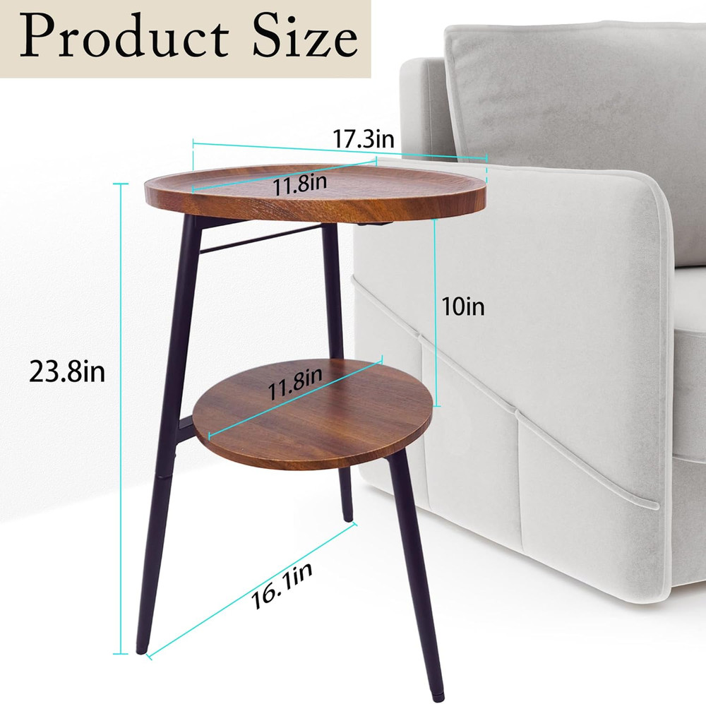 Small Oval Side Table with 2 Tier Storage - Rustic Brown Wood End Table with Met
