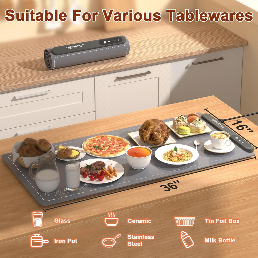 Extra Large Graphene Food Warming Mat - 6 Temp Settings & Timer, Portable Use