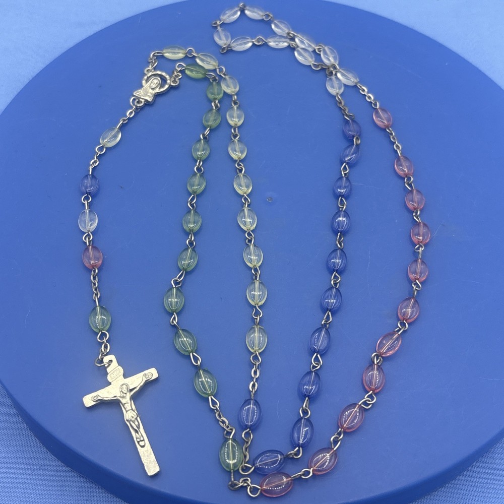 Vtg Pastel Translucent Rosary Oval Beads Crucifix Catholic Prayer Beads Easter
