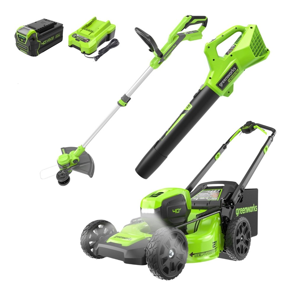 Greenworks 40V 21 inch Self-Propelled Mower String Trimmer Leaf Blower Combo Kit