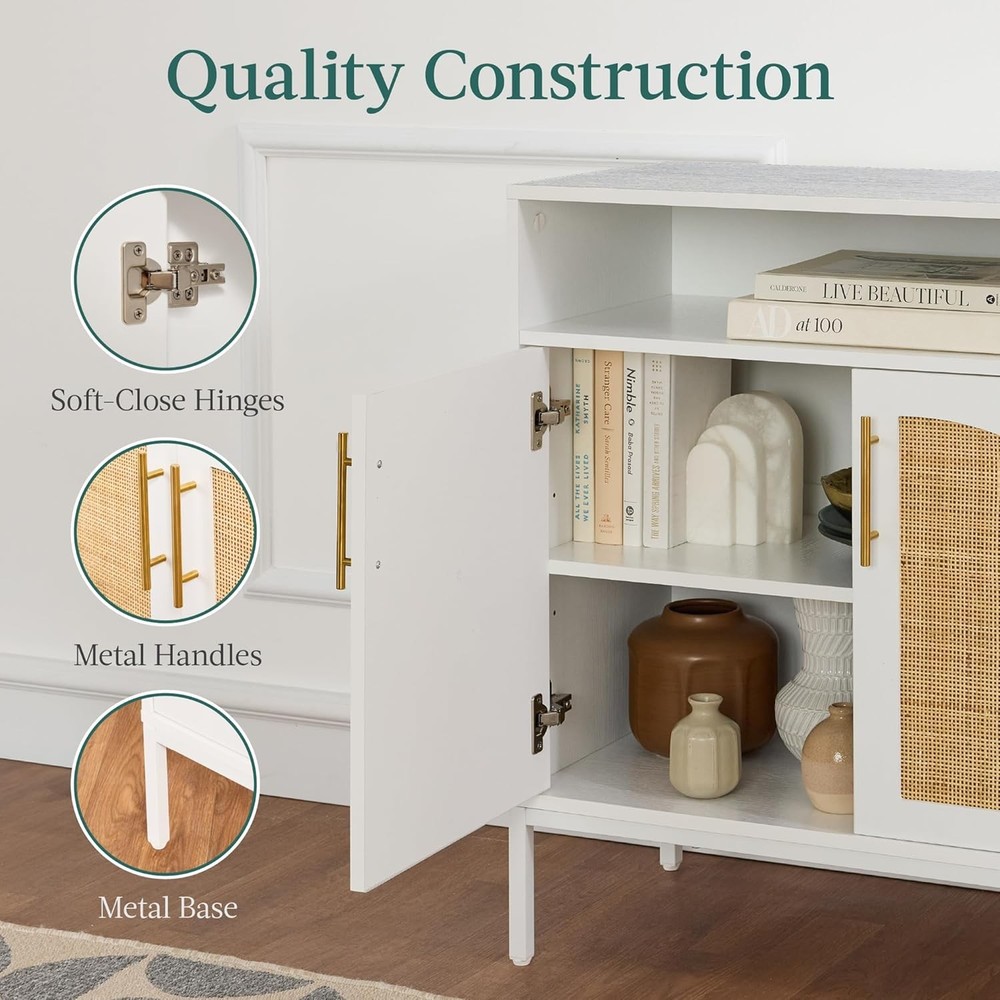 Rattan sideboard, console table, decorative storage cabinet, white