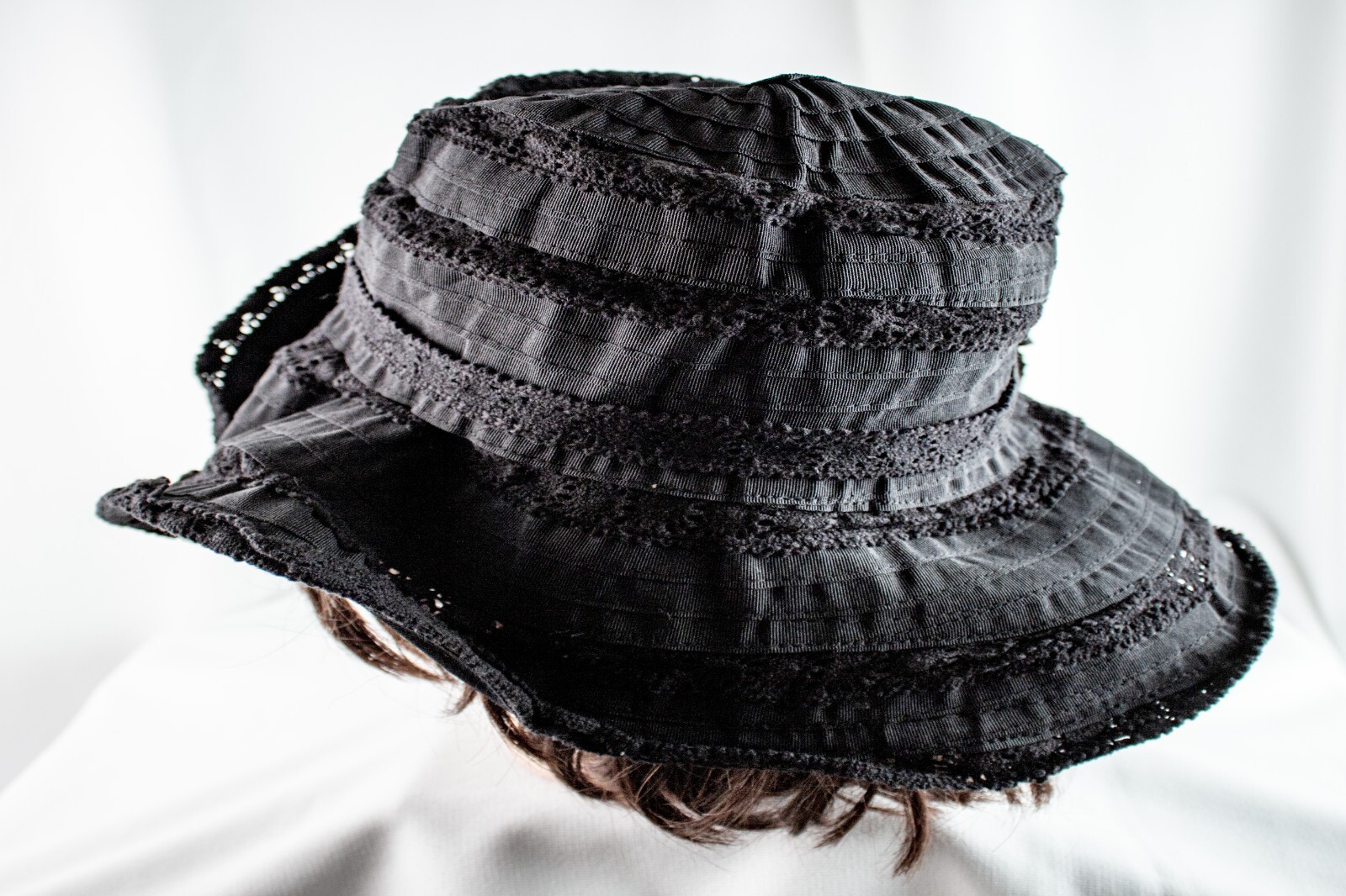 1950's Vintage Black Lace Cotton Women Floppy Bucket Hat Size M 7.1/8