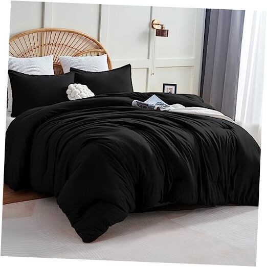 CozyLux Comforter Set 3 Pieces Solid Comforters Size Breathable Queen Black