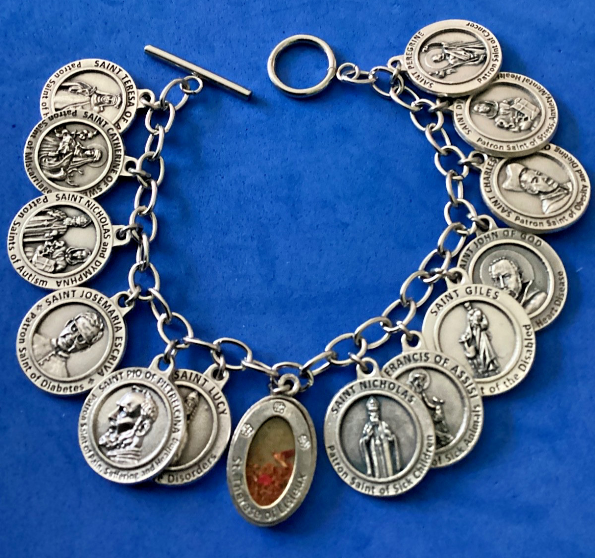 Custom Religious Catholic Saint Medal Charm Bracelet HEALING SAINTS Therese Rose