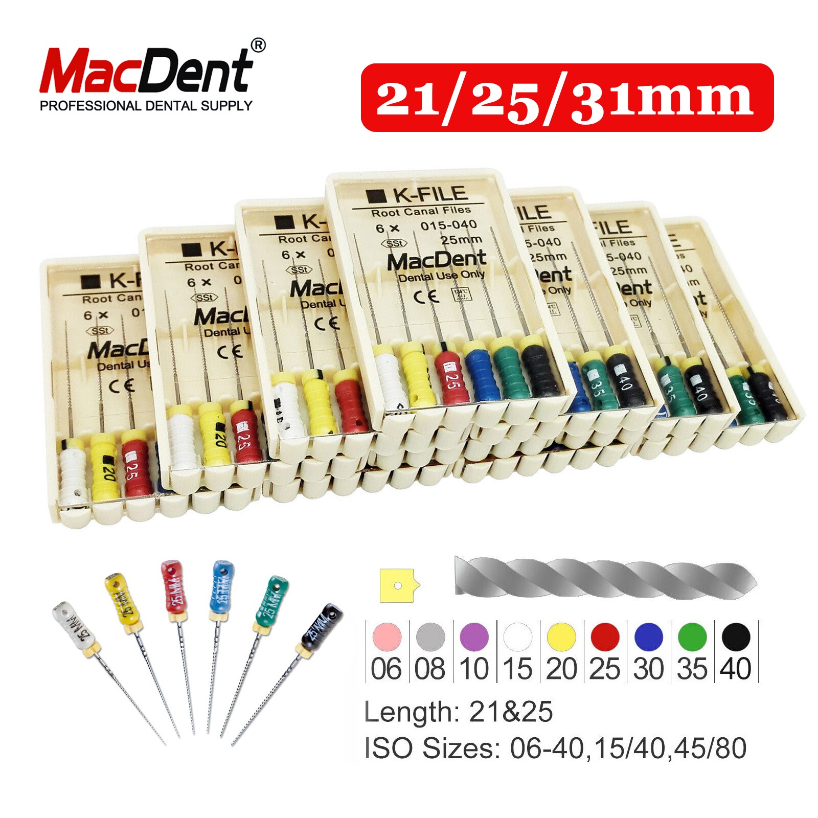 MacDent Limas de endodoncia manual dental K-Files acero inoxidable 21/25/31mm