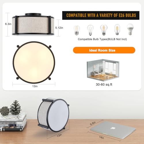 13" Semi Flush Mount Ceiling Light Modern 3-Lights Black Drum Ceiling black 13"