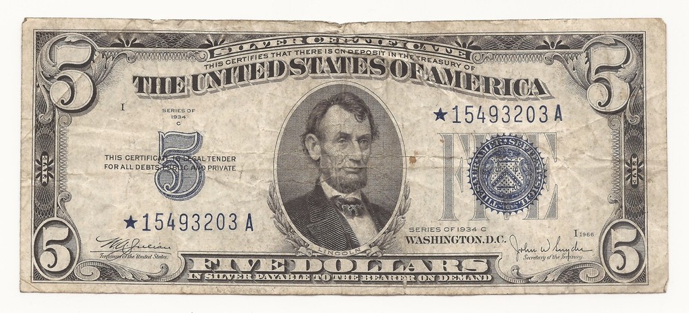 1934-C $5 Dollar Bill Silver Certificate STAR Note 203A-SEM