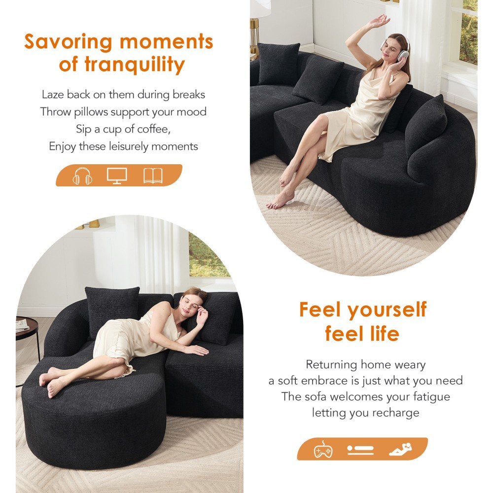 L-Shape Sectional Sofa w/ Chaise, Black Chenille Modular Couch, 30D Foam