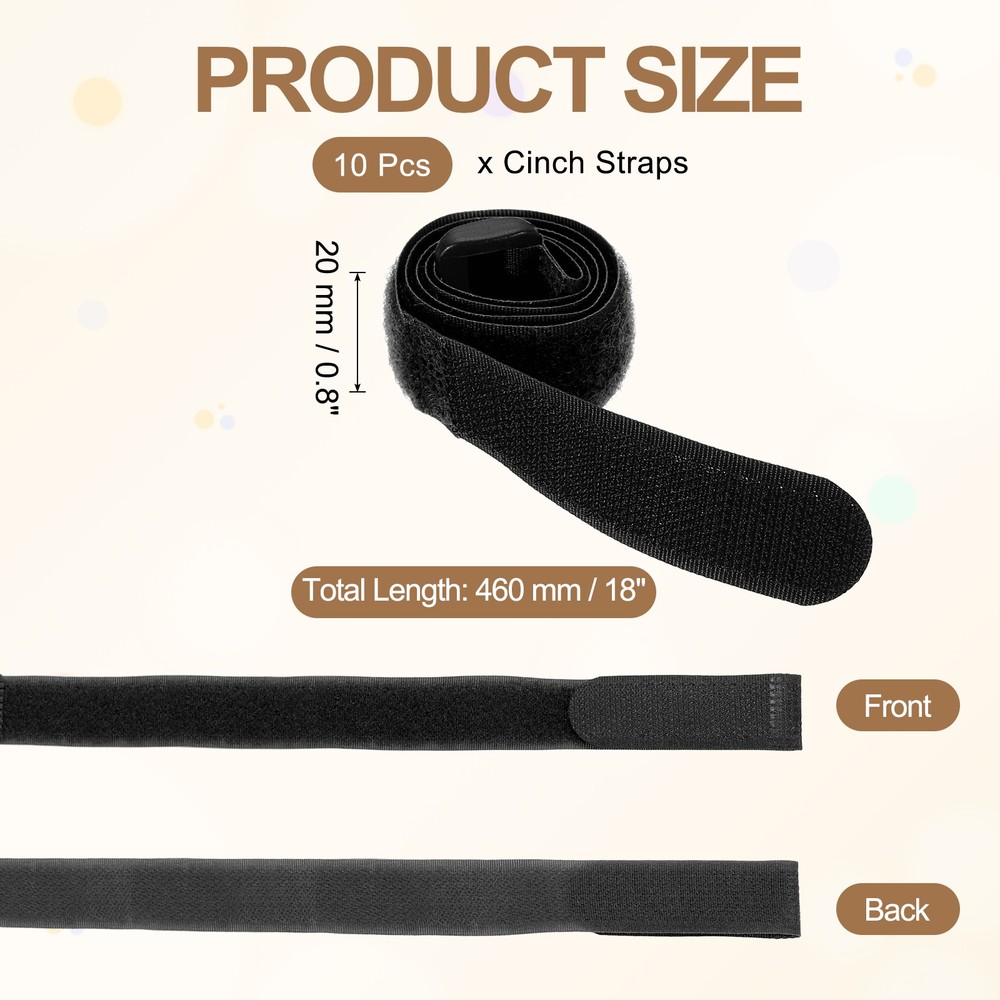 10pcs Reusable Cinch Straps 0.8"x18" Hook and Loop Cable Securing Straps, Black