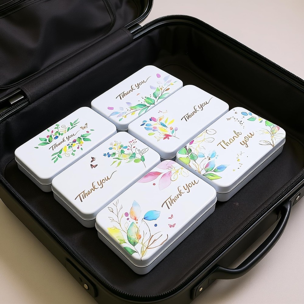 Rectangular White Metal Empty Hinged Tins Containers with Thank You Image Pat...