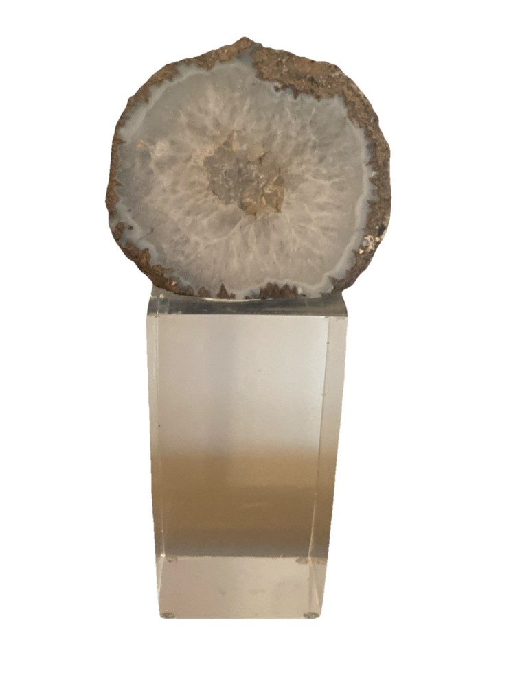 Split Geode on Lucite Cube 6.5”H x 3”W x 2.5”D
