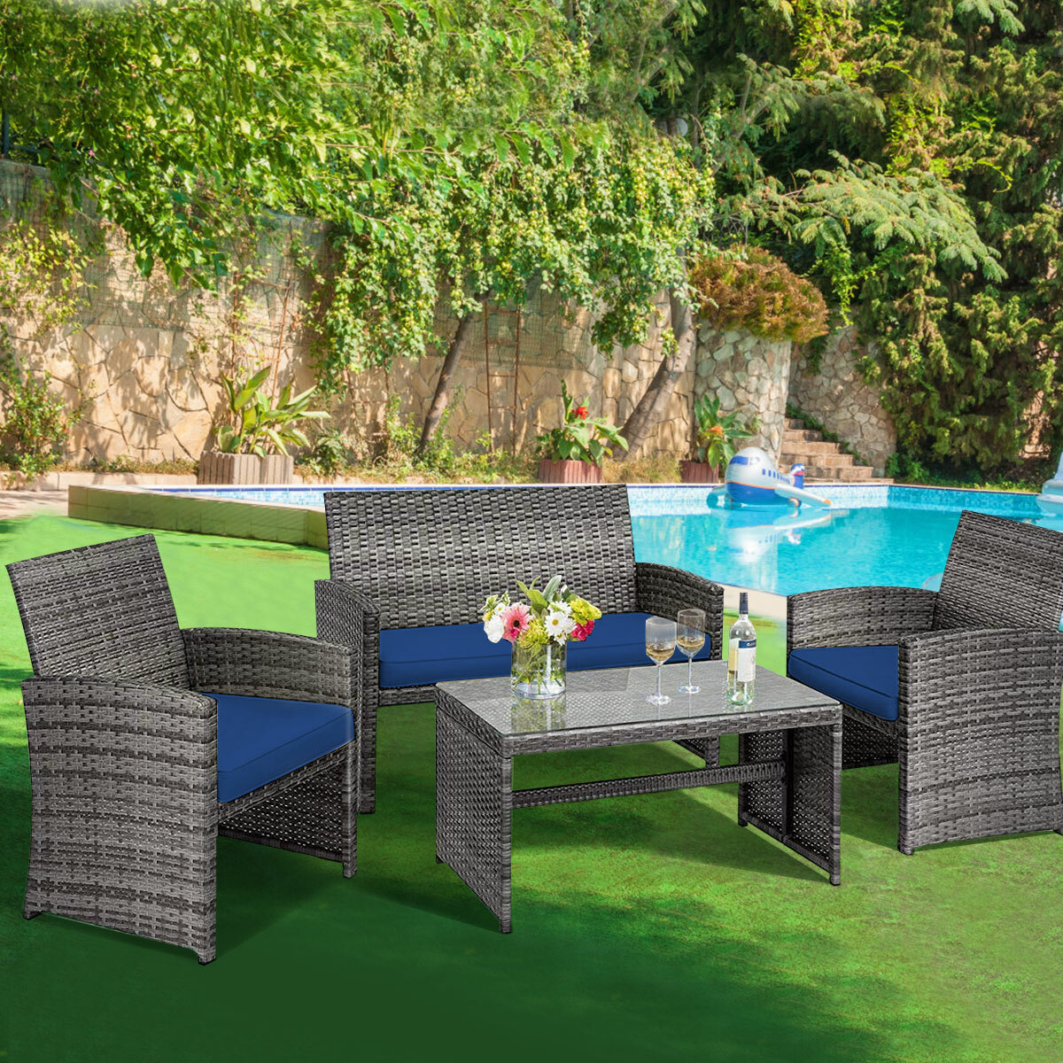 4PCS Patio Rattan Furniture Set Conversation Glass Table Top Sofa Cushioned Navy