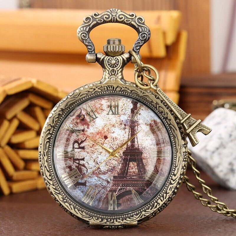 Old Fashion Hollow Paris Design Men Women Quartz Pocket Watch Pendant Tower Gift