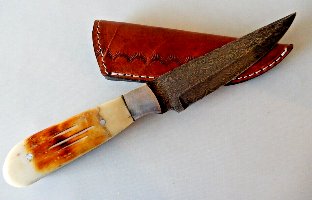 Custom Made 10.75" Knife, 5.5" Damascus blade, Bone handle, Custom Sheath UNUSED