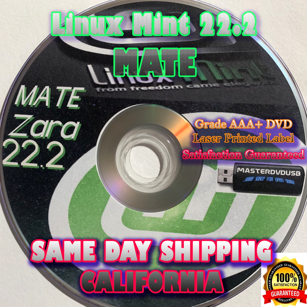 Linux Mint 22.2 “Zara” MATE 64‑Bit Bootable Live/Installer DVD – UEFI & BIOS