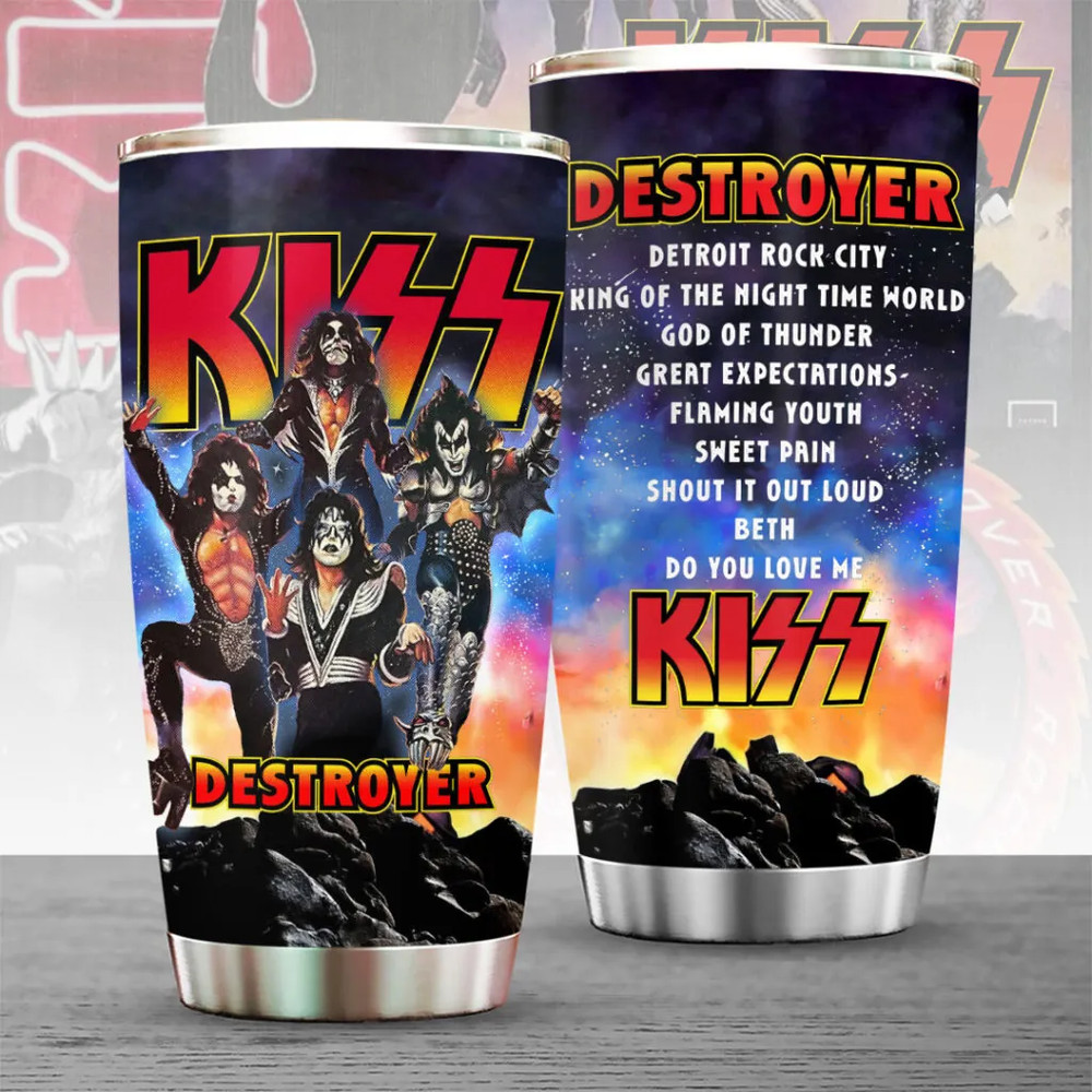 KISS Destroyer Tumbler 20oz Stainless Steel Travel - Rock Band Tracklist Gift
