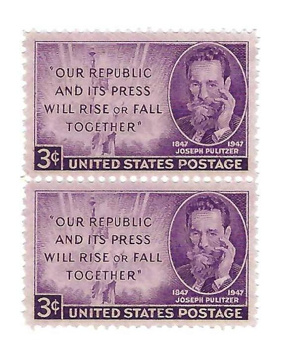STAMP US SCOTT 946 "J. Pulitzer" 3 CENT 1947 MNH VERT PAIR